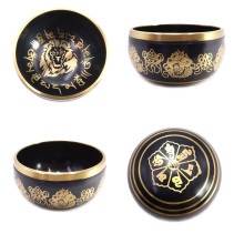 Чаша поющая с золотыми символами Лев 5 металлов от 600гр до 800гр h-7см d-12см черные и коричневые