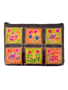 Косметичка кожа ручной принт "Птички"  0568/13 Косметичка кожа ручной принт "Птички"  0568/13