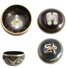 Чаша поющая УЦЕНКА с золотыми символами Лотос 5 металлов от 600гр до 800гр h-7cм d-12см ХРУПКОЕ