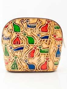 Косметичка  натуральная кожа ручной принт "Кошки"