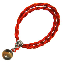 Браслет красный витой с камнем Тигровый глаз 8мм,цвет сереб, металл, текстиль