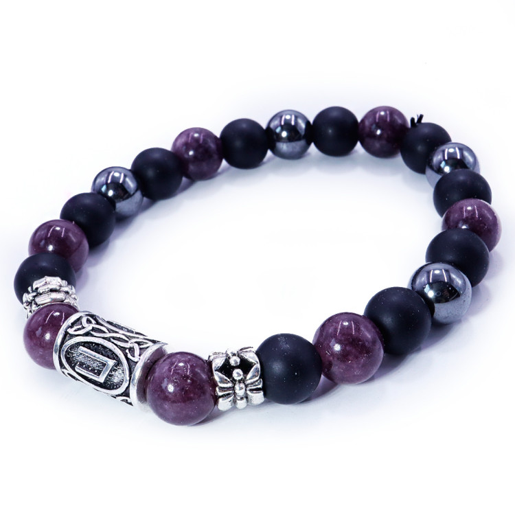 Браслет с руной Уруз Сливовый аметист Шунгит Гематит УСПЕХ ПРИЗНАНИЕ ПОБЕДА  8мм