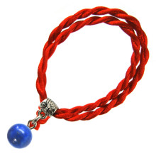 Браслет красный витой с камнем Лазурит 8мм,цвет сереб, металл, текстиль