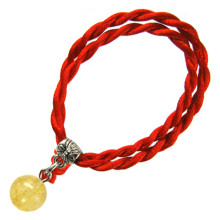 Браслет красный витой с камнем Цитрин 8мм,цвет сереб, металл, текстиль