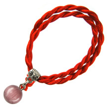 Браслет красный витой с камнем Koшaчий глaз (фиолетовый) 8мм,цвет сереб, металл, текстиль