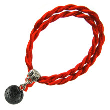 Браслет красный витой с Лавовым камнем 8мм,цвет сереб, металл, текстиль