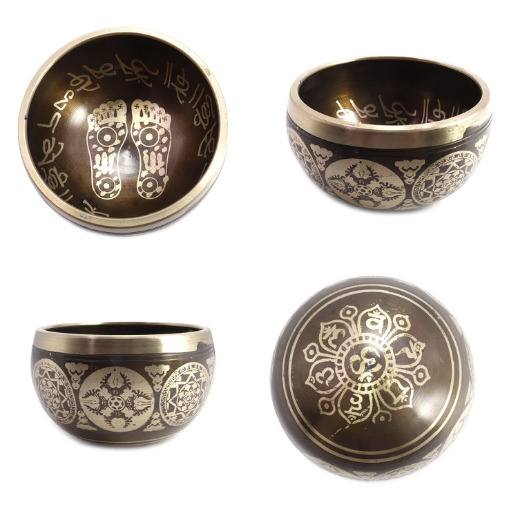 Чаша поющая с золотыми символами Стопы 5 металлов от 420гр до 600гр 6,5см-11,5см