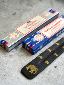 Благовония Satya Nag Champa & Silver Spirit + подставка «Золотой слон»