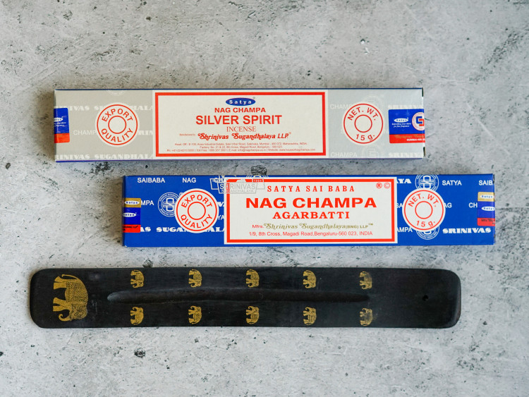 Благовония Satya Nag Champa & Silver Spirit + подставка «Золотой слон»