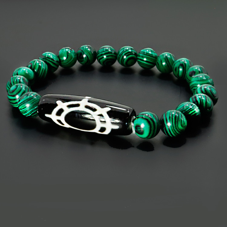 Браслет из камня Малахит бусина Дзи Колесо Дхармы-исполоняет желания, нейтрализуя негативную карму