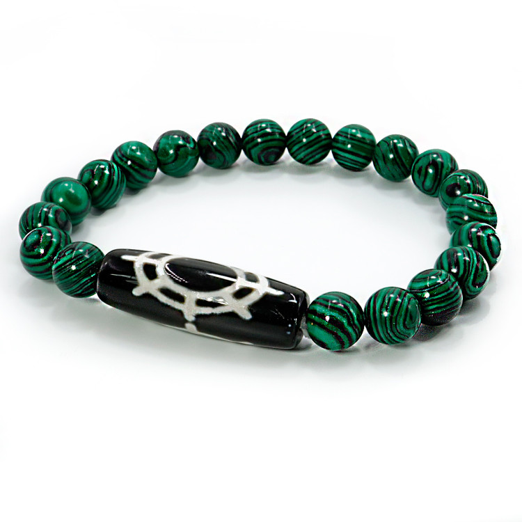 Браслет из камня Малахит бусина Дзи Колесо Дхармы-исполоняет желания, нейтрализуя негативную карму