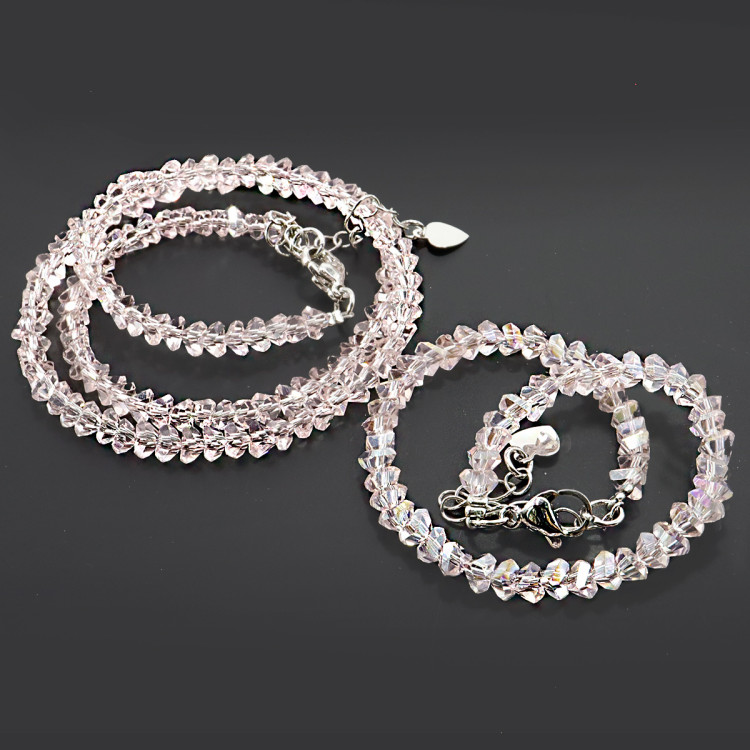 Набор бусы и браслет из Алмазной крошки Розового цвета