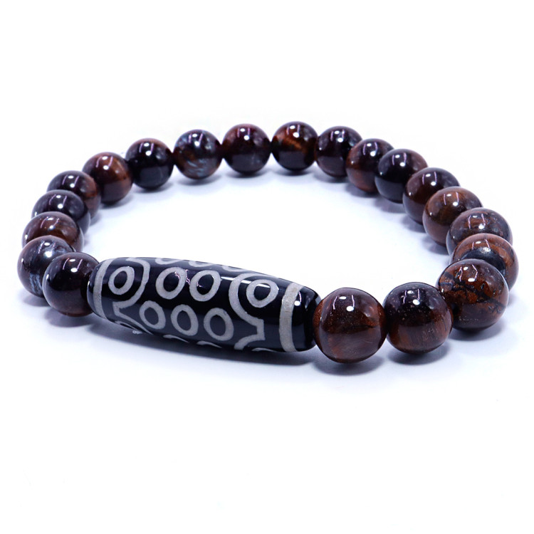 Браслет из камня Бычий глаз и бусина Дзи 21 глазик камень исполняющий желания 8мм