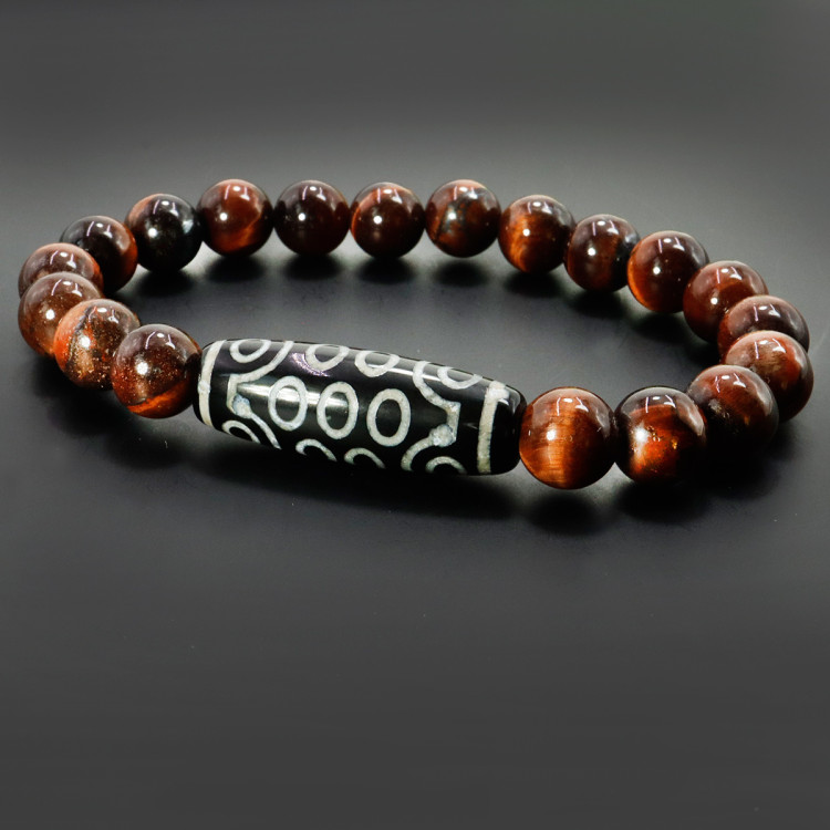 Браслет из камня Бычий глаз и бусина Дзи 21 глазик камень исполняющий желания 8мм