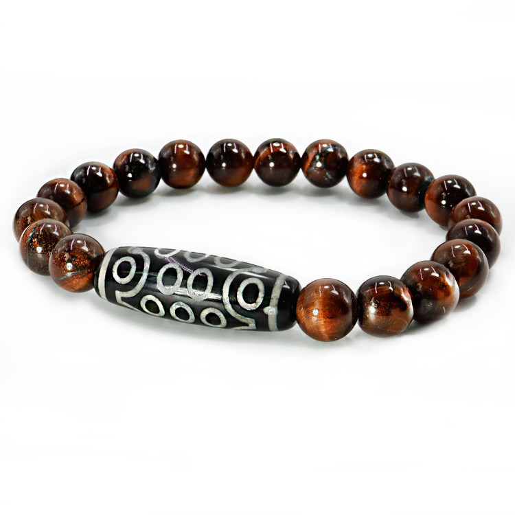 Браслет из камня Бычий глаз и бусина Дзи 21 глазик камень исполняющий желания 8мм