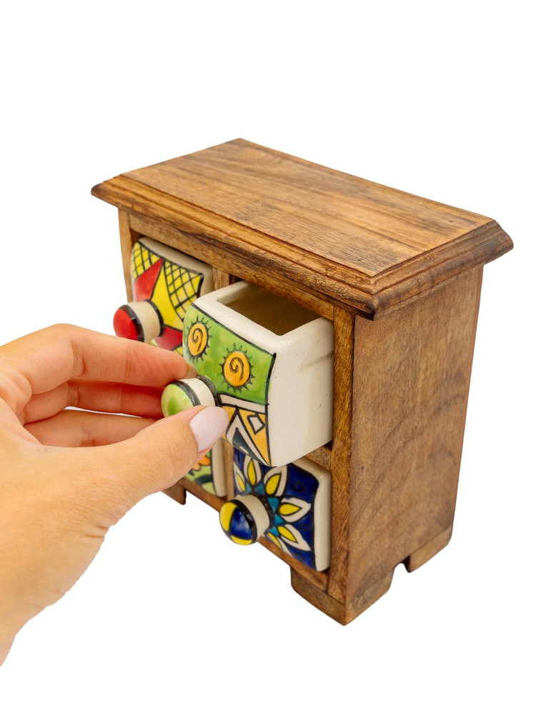 Шкатулка -комодик на 4 ящика (дерево,керамика ) Ш