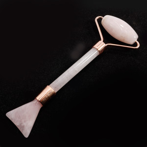 Роликовый массажер с лопаткой из натурального камня Розовый кварц